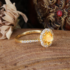 1.5 Carat Round Cut Halo Cluster Citrine Wedding Ring Pave Flower Promise Ring