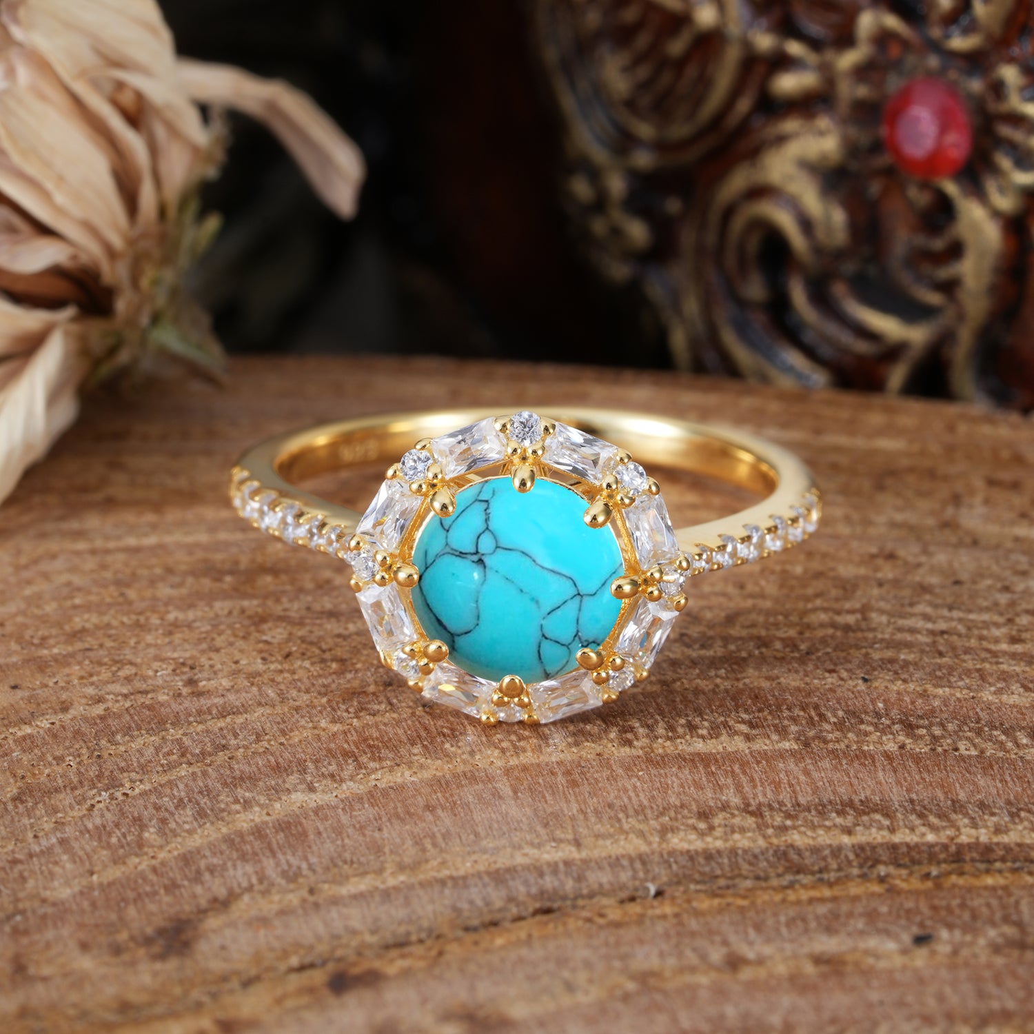 1.5ct Round Cut Turquoise Cluster Engagement Ring