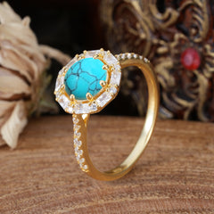 1.5ct Round Wedding Ring 8 Prong Turquoise Cluster Setting | Pave Flower Promise Ring for Women