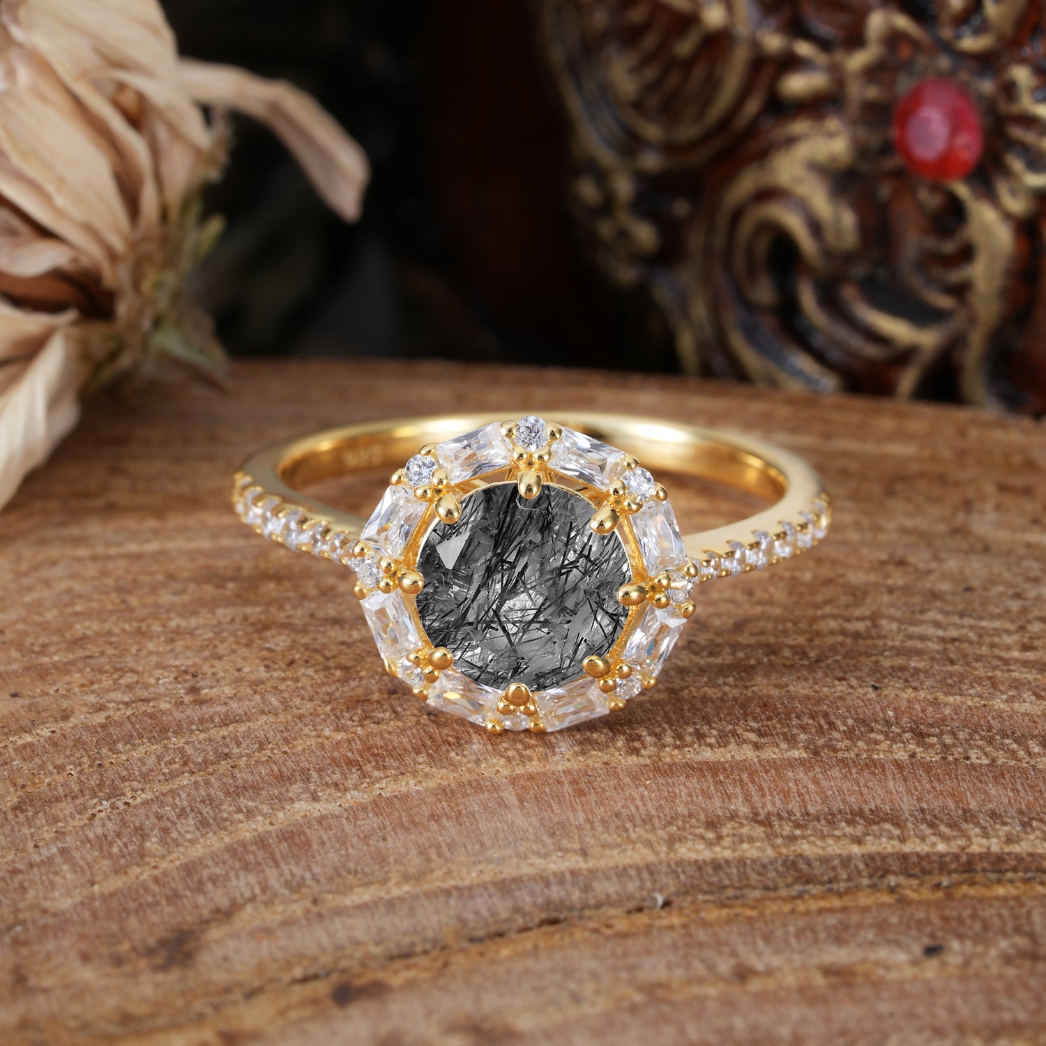 1.5ct Round Cut Black Rutilated Quartz Cluster Engagement Ring