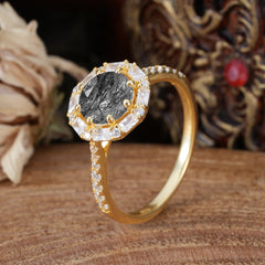 1.5ct Round Wedding Ring 8 Prong Black Rutilated Quartz Cluster Setting | Pave Flower Promise Ring for Women
