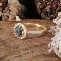 1.5ct Round Wedding Ring 8 Prong Black Rutilated Quartz Cluster Setting | Pave Flower Promise Ring for Women