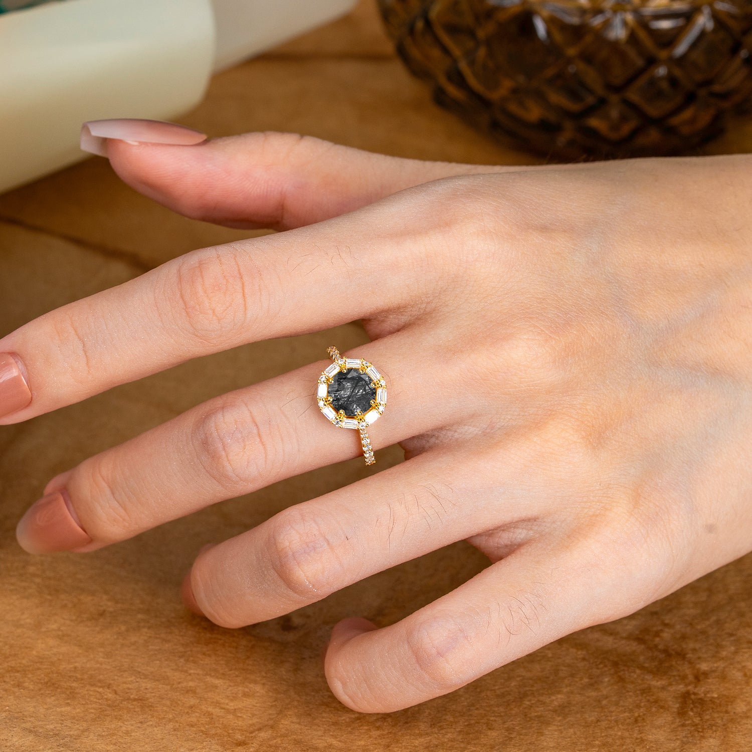 1.5ct Round Cut Black Rutilated Quartz Cluster Engagement Ring