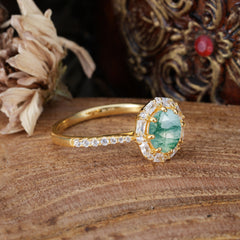 1.5 Carat Round Cut Halo Cluster Moss Agate Wedding Ring Pave Flower Promise Ring