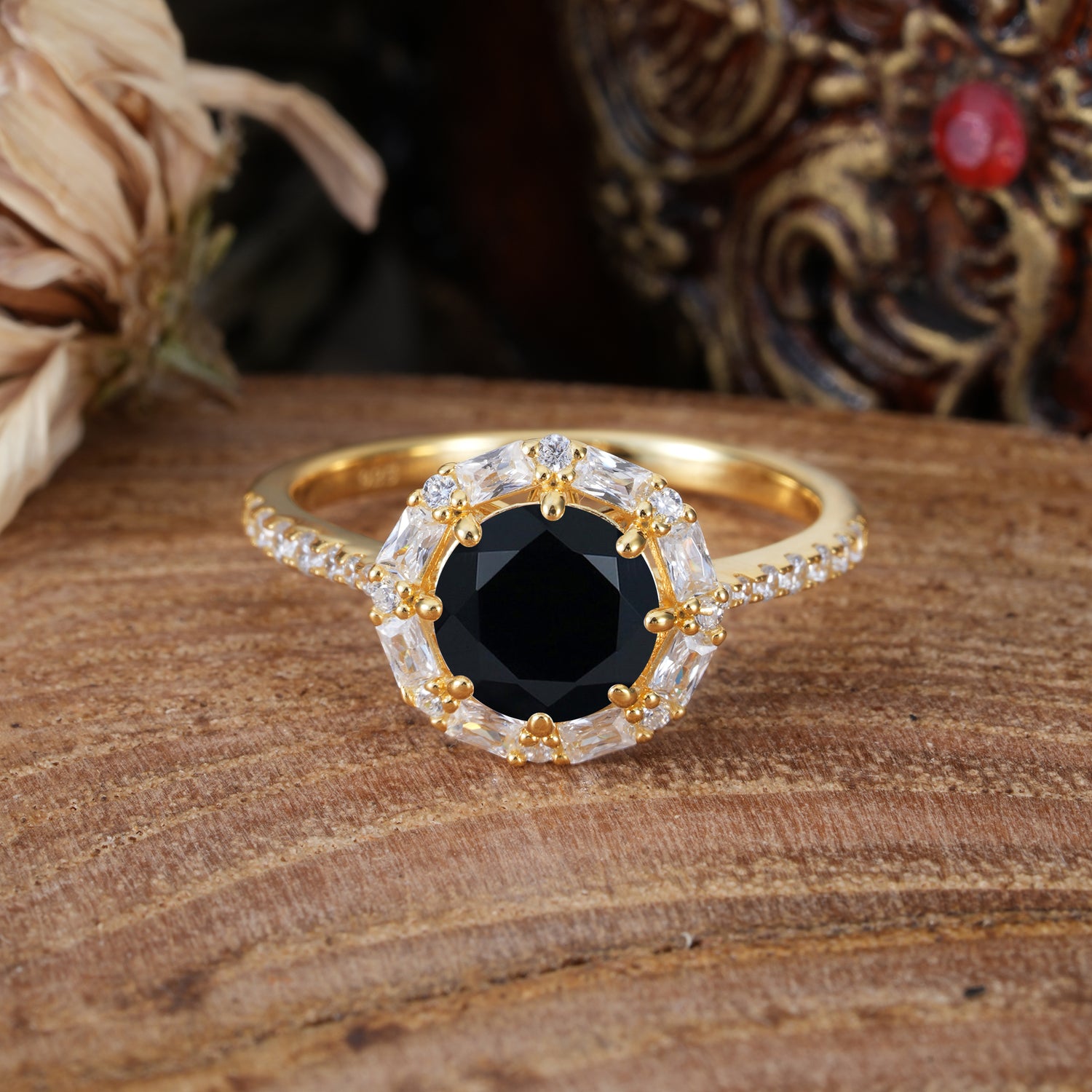 1.5 Carat Round Cut Halo Cluster Black Onyx Engagement Ring