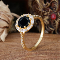 1.5 Carat Round Cut Halo Cluster Black Onyx Wedding Ring Pave Flower Promise Ring