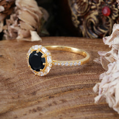1.5 Carat Round Cut Halo Cluster Black Onyx Wedding Ring Pave Flower Promise Ring