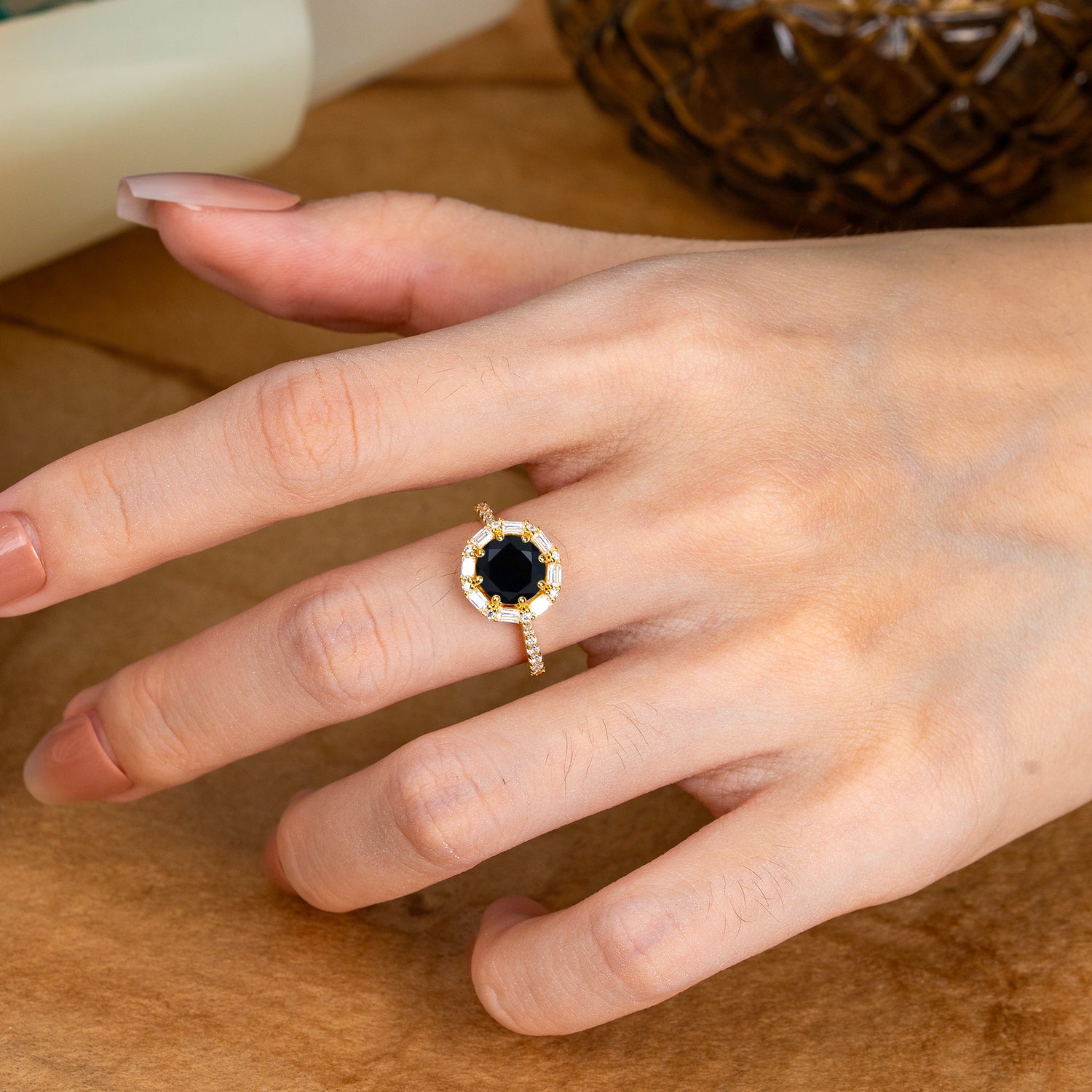 1.5 Carat Round Cut Halo Cluster Black Onyx Engagement Ring