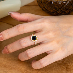 1.5 Carat Round Cut Halo Cluster Black Onyx Wedding Ring Pave Flower Promise Ring