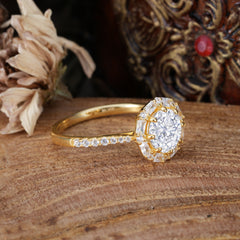 1.5 Carat Round Cut Halo Cluster Lab Diamond Wedding Ring Pave Flower Promise Ring