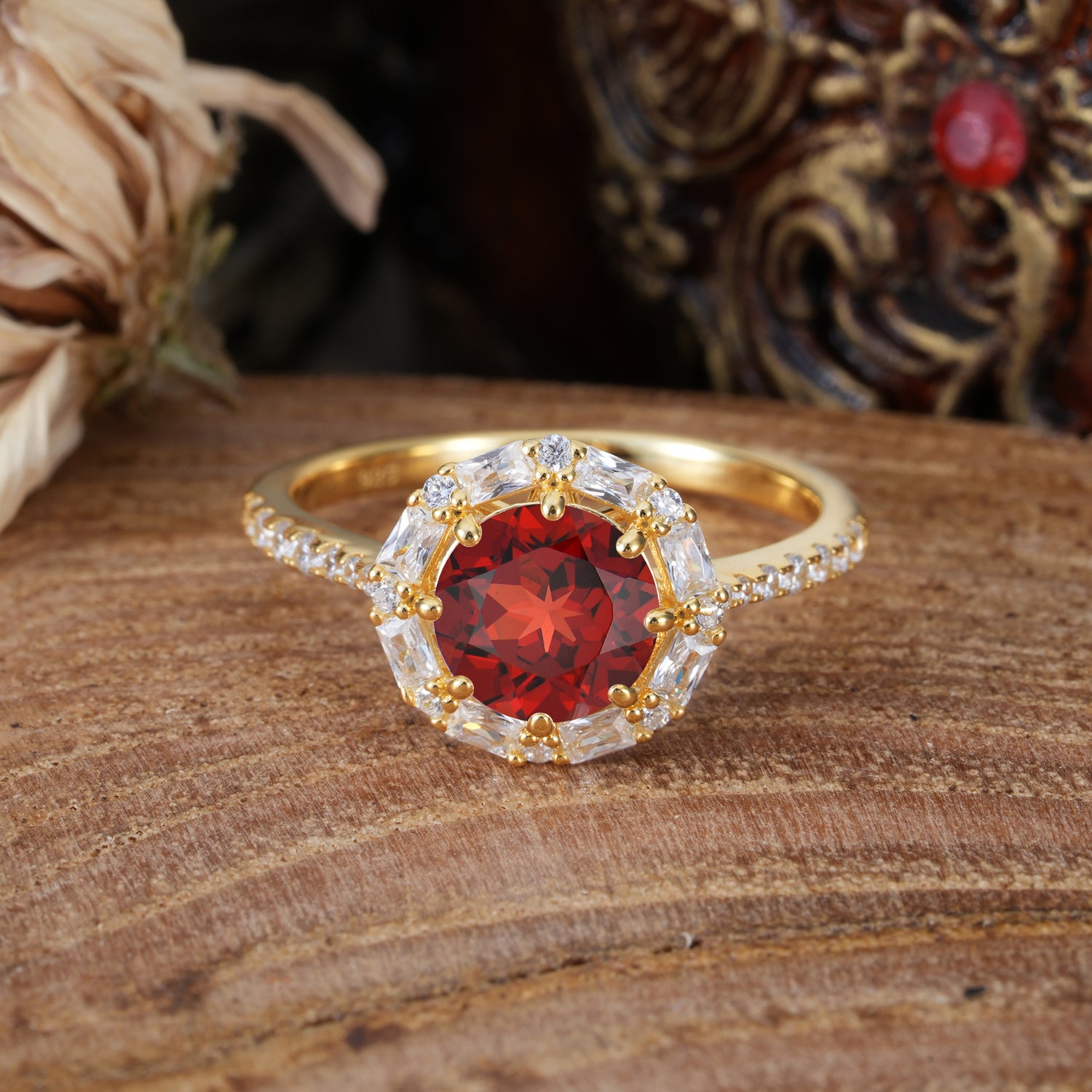 1.5 Carat Round Cut Halo Cluster Garnet Engagement Ring