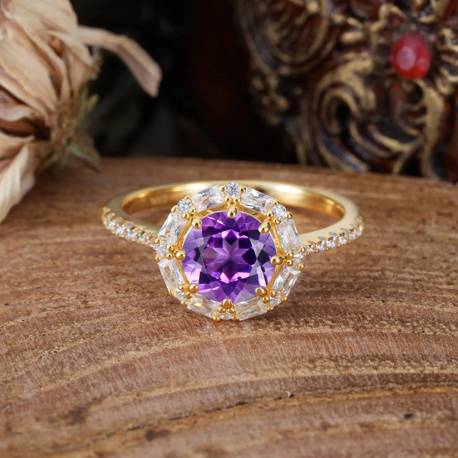 1.5 Carat Round Cut Halo Cluster Amethyst Engagement Ring