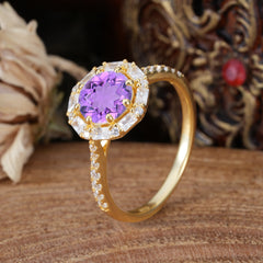 1.5 Carat Round Cut Halo Cluster Amethyst Wedding Ring Pave Flower Promise Ring