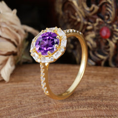 1.5 Carat Round Cut Halo Cluster Amethyst Wedding Ring Pave Flower Promise Ring