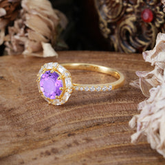 1.5 Carat Round Cut Halo Cluster Amethyst Wedding Ring Pave Flower Promise Ring