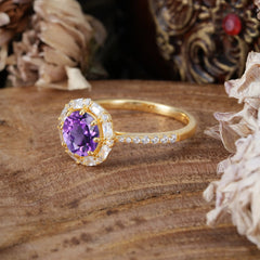 1.5 Carat Round Cut Halo Cluster Amethyst Wedding Ring Pave Flower Promise Ring