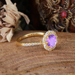 1.5 Carat Round Cut Halo Cluster Amethyst Wedding Ring Pave Flower Promise Ring
