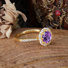 1.5 Carat Round Cut Halo Cluster Amethyst Wedding Ring Pave Flower Promise Ring
