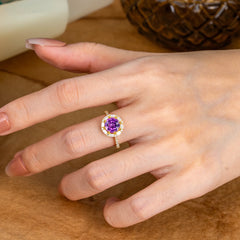 1.5 Carat Round Cut Halo Cluster Amethyst Wedding Ring Pave Flower Promise Ring