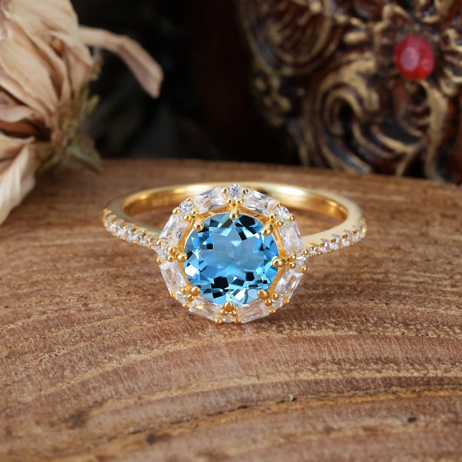 1.5ct Round Cut Aquamarine Cluster Engagement Ring