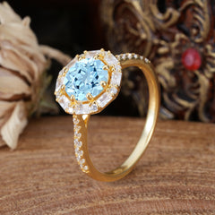 1.5ct Round Wedding Ring 8 Prong Aquamarine Cluster Setting | Pave Flower Promise Ring for Women