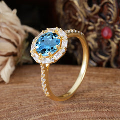 1.5ct Round Wedding Ring 8 Prong Aquamarine Cluster Setting | Pave Flower Promise Ring for Women