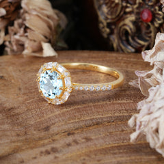 1.5ct Round Wedding Ring 8 Prong Aquamarine Cluster Setting | Pave Flower Promise Ring for Women