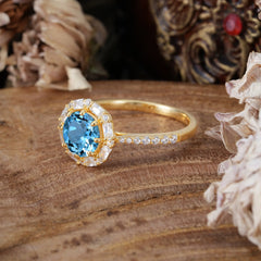 1.5ct Round Wedding Ring 8 Prong Aquamarine Cluster Setting | Pave Flower Promise Ring for Women