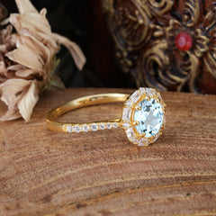 1.5ct Round Wedding Ring 8 Prong Aquamarine Cluster Setting | Pave Flower Promise Ring for Women