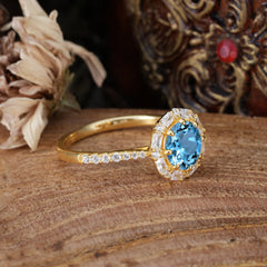 1.5ct Round Wedding Ring 8 Prong Aquamarine Cluster Setting | Pave Flower Promise Ring for Women