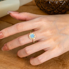 1.5ct Round Wedding Ring 8 Prong Aquamarine Cluster Setting | Pave Flower Promise Ring for Women