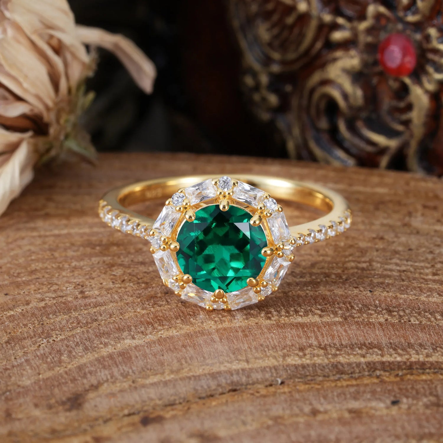 1.5ct Round Cut Emerald Cluster Engagement Ring