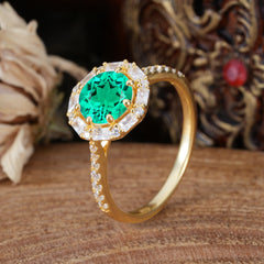 1.5ct Round Wedding Ring 8 Prong Emerald Cluster Setting | Pave Flower Promise Ring for Women