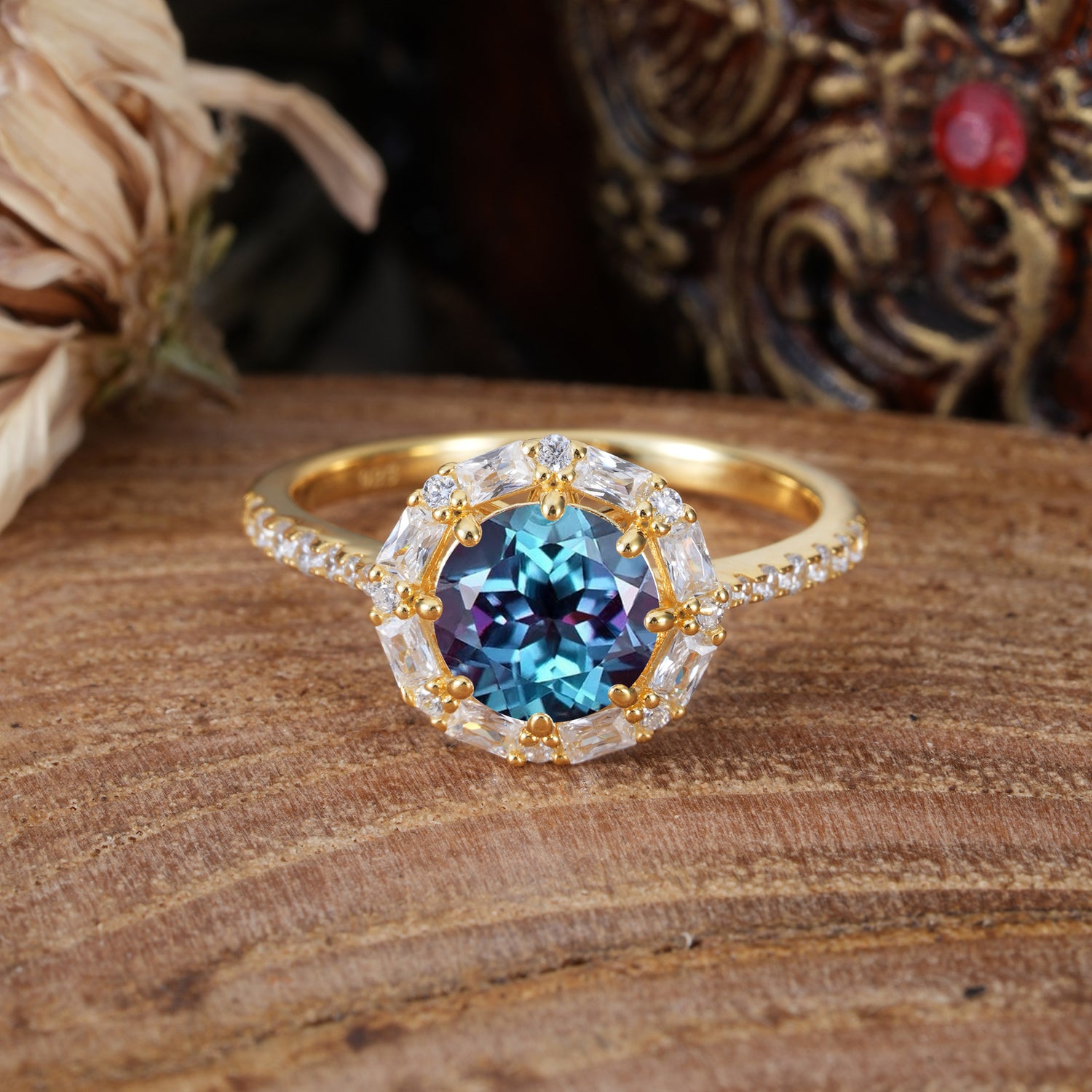 1.5 Carat Round Cut Halo Cluster Alexandrite Engagement Ring