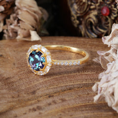 1.5 Carat Round Cut Halo Cluster Alexandrite Wedding Ring Pave Flower Promise Ring