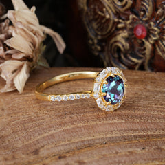 1.5 Carat Round Cut Halo Cluster Alexandrite Wedding Ring Pave Flower Promise Ring