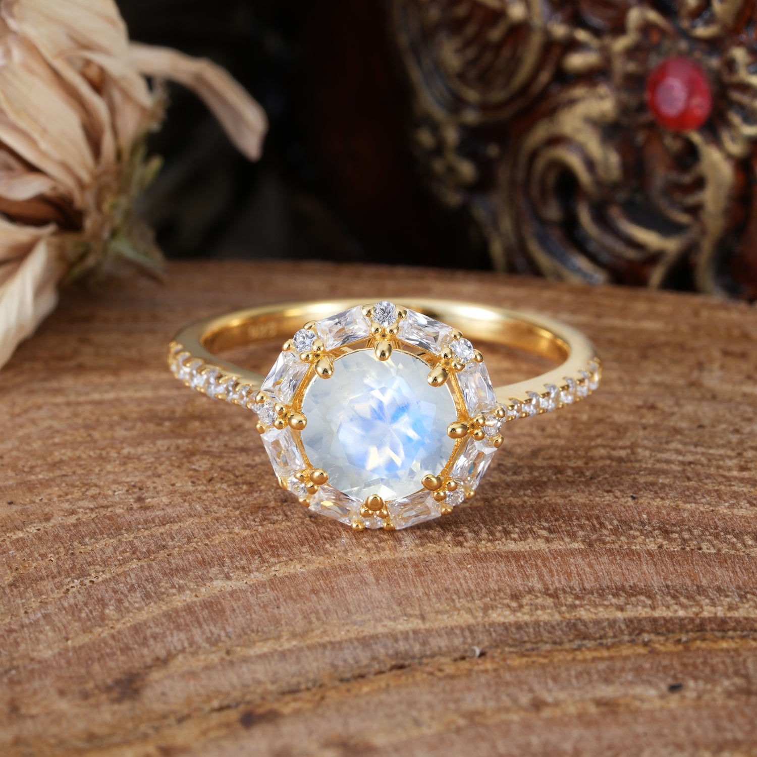 1.5 Carat Round Cut Halo Cluster Moonstone Engagement Ring