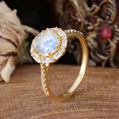 1.5 Carat Round Cut Halo Cluster Moonstone Wedding Ring Pave Flower Promise Ring