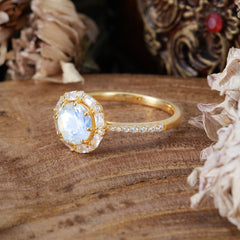 1.5 Carat Round Cut Halo Cluster Moonstone Wedding Ring Pave Flower Promise Ring