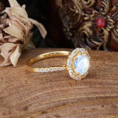 1.5 Carat Round Cut Halo Cluster Moonstone Wedding Ring Pave Flower Promise Ring