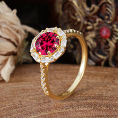 1.5 Carat Round Cut Halo Cluster Ruby Wedding Ring Pave Flower Promise Ring