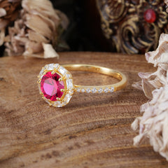 1.5 Carat Round Cut Halo Cluster Ruby Wedding Ring Pave Flower Promise Ring