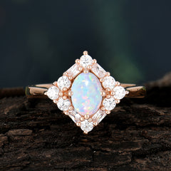 1 Carat Oval Cut Vintage Cluster Opal Engagement Ring