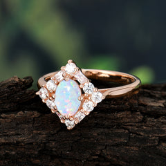 1 Carat Oval Cut Vintage Cluster Opal Engagement Ring