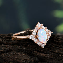 1 Carat Oval Cut Vintage Cluster Opal Engagement Ring