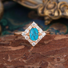 1 Carat Oval Cut Vintage Cluster Turquoise Engagement Ring