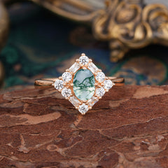1 Carat Oval Cut Vintage Cluster Moss Agate Engagement Ring