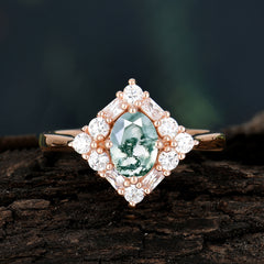 1 Carat Oval Cut Vintage Cluster Moss Agate Engagement Ring