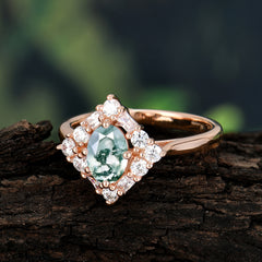 1 Carat Oval Cut Vintage Cluster Moss Agate Engagement Ring