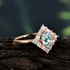 1 Carat Oval Cut Vintage Cluster Moss Agate Engagement Ring